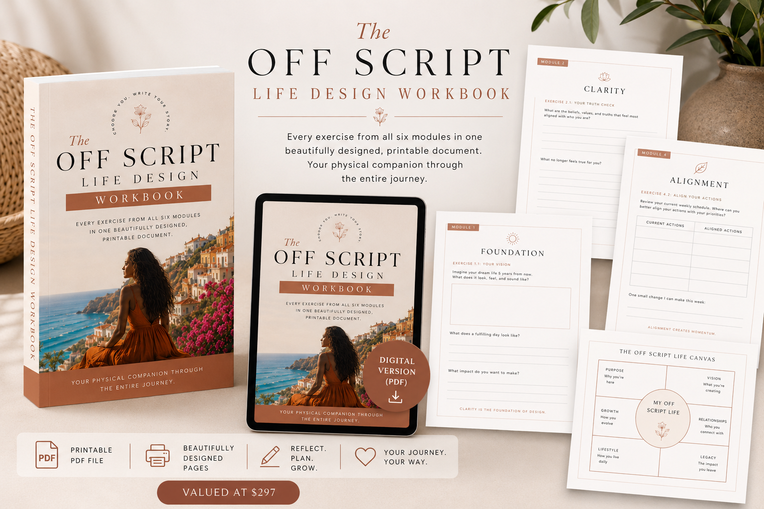 The Off Script Life Design Workbook mockup with printed book, tablet, and workbook pages