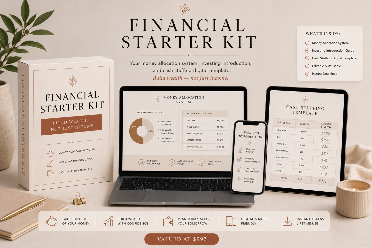 The Financial Starter Kit mockup with laptop, phone, tablet, and workbook pages