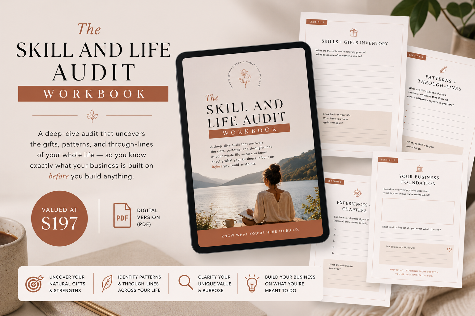 The Skill and Life Audit Workbook mockup with tablet and workbook pages