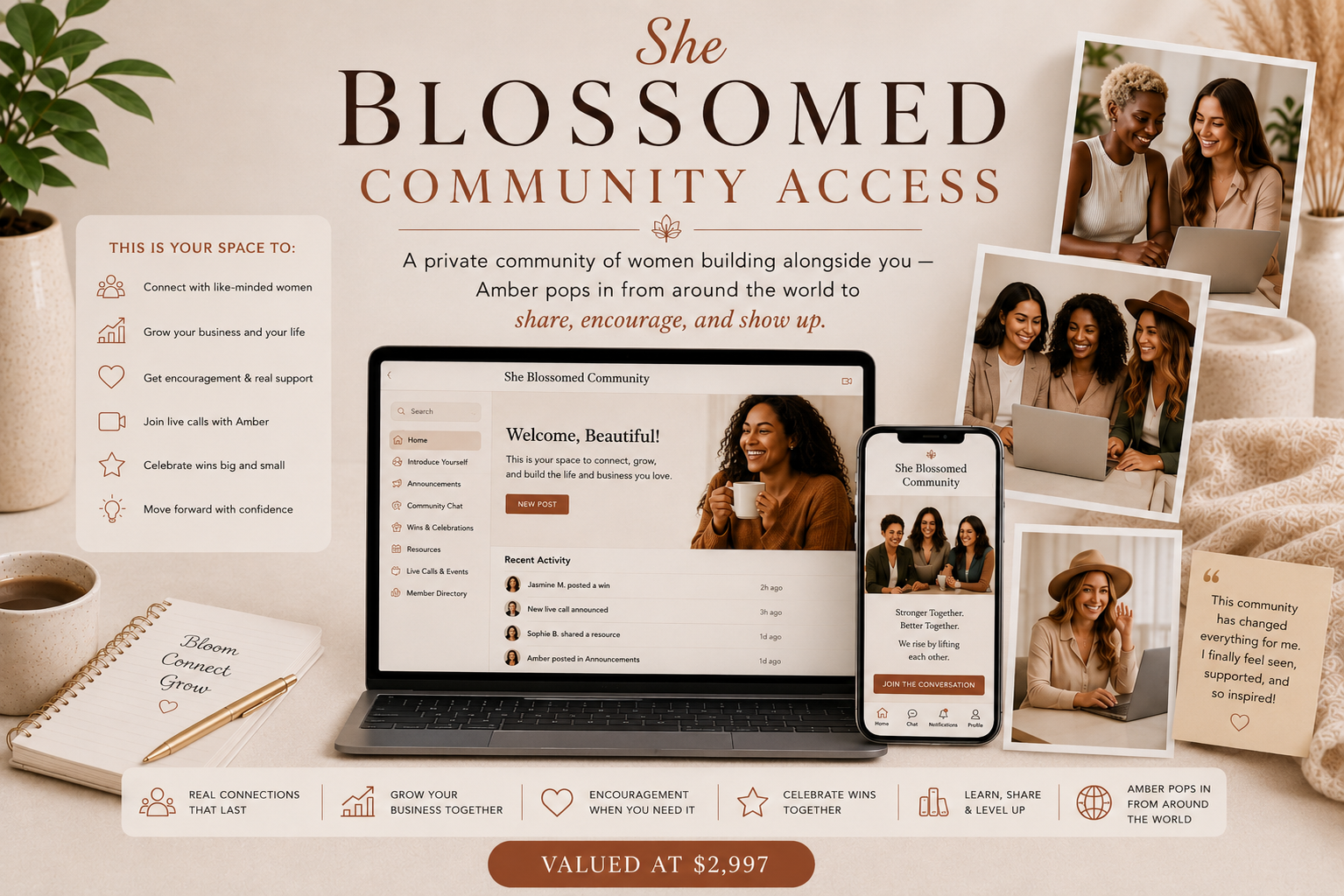 She Blossomed Community Access mockup with laptop, phone, and community photos